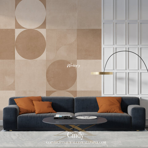 Explore Cindy, a premium wallpaper design featuring geometric shapes with circles and arches in grey, orange, and beige, highlighted by gold stripes. Perfect for adding a modern and stylish touch to your interiors, this wallpaper is one of the best options available in Egypt and the Middle East. Elevate your space with luxury and design.