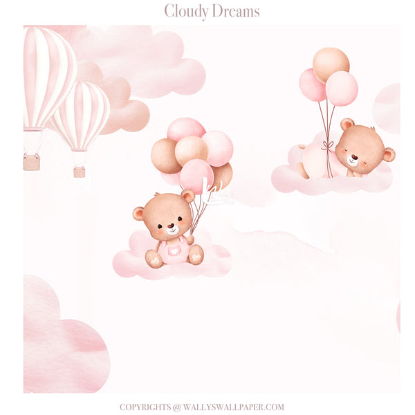 Illustration of teddy bears with balloons and clouds on a pink background, featuring the text 'Cloudy Dreams'.