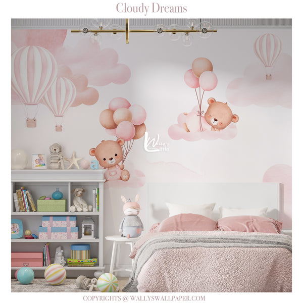 Children's bedroom with teddy bear and balloon wall mural, 'Cloudy Dreams' by Wallies Wallpaper.