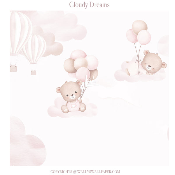 Illustration of teddy bears with balloons and clouds on a light pink background, featuring the text 'Cloudy Dreams'.