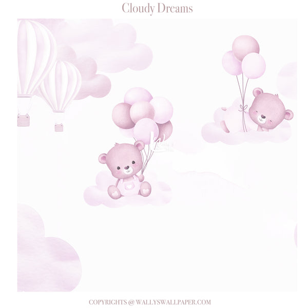 Pink teddy bears with balloons on a light pink background with 'Cloudy Dreams' text.