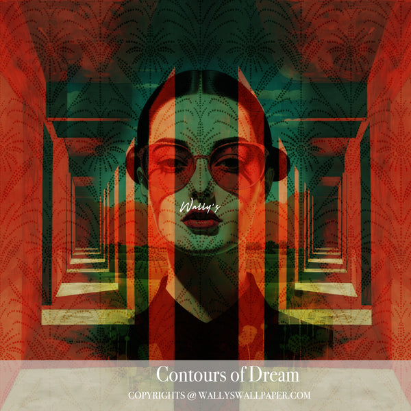 Abstract portrait wallpaper “Contours of Dream” by Wally’s Wallpaper – geometric and emotional wall mural in red and green tones, available in purple, sepia, and grey.