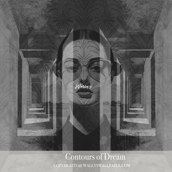 Abstract portrait wallpaper “Contours of Dream” by Wally’s Wallpaper – geometric and emotional wall mural in red and green tones, available in purple, sepia, and grey.