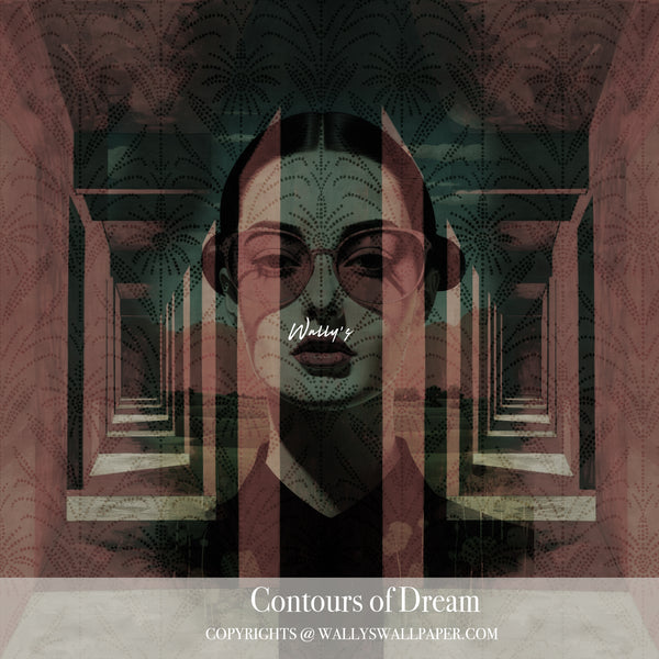 Abstract portrait wallpaper “Contours of Dream” by Wally’s Wallpaper – geometric and emotional wall mural in red and green tones, available in purple, sepia, and grey.