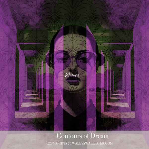 Abstract portrait wallpaper “Contours of Dream” by Wally’s Wallpaper – geometric and emotional wall mural in red and green tones, available in purple, sepia, and grey.