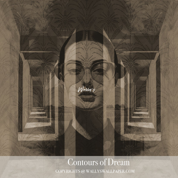 Abstract portrait wallpaper “Contours of Dream” by Wally’s Wallpaper – geometric and emotional wall mural in red and green tones, available in purple, sepia, and grey.