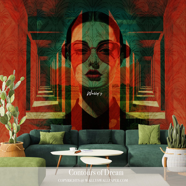 Abstract portrait wallpaper “Contours of Dream” by Wally’s Wallpaper – geometric and emotional wall mural in red and green tones, available in purple, sepia, and grey.