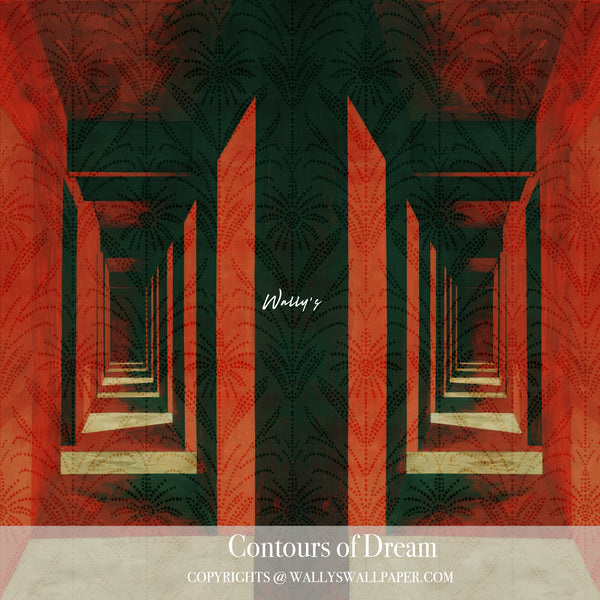 Abstractwallpaper “Contours of Dream” by Wally’s Wallpaper – geometric and emotional wall mural in red and green tones, available in purple, sepia, and grey.