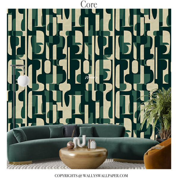 Modern green geometric abstract wallpaper by Wally’s featuring layered architectural pattern in customizable colors including grey and sepia.
