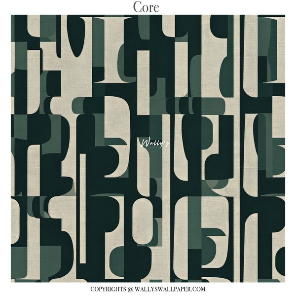 Modern green geometric abstract wallpaper by Wally’s featuring layered architectural pattern in customizable colors including grey and sepia.