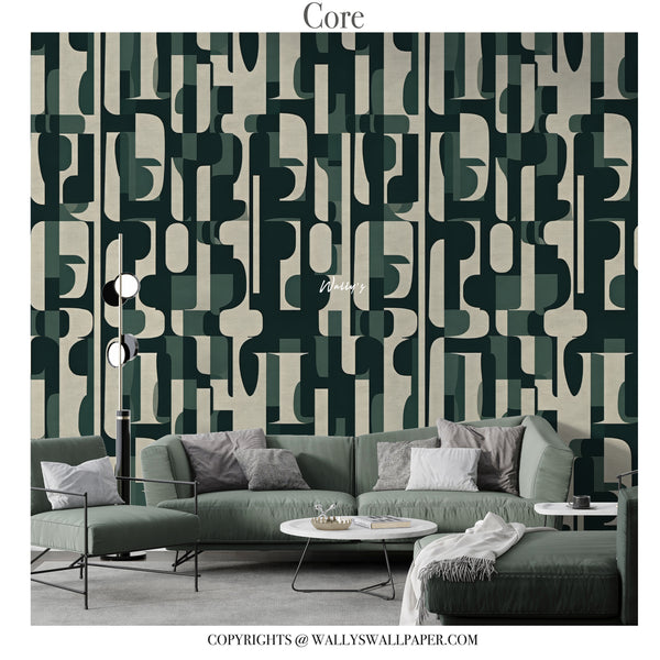 Modern green geometric abstract wallpaper by Wally’s featuring layered architectural pattern in customizable colors including grey and sepia.