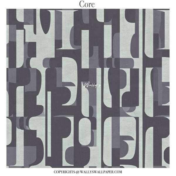 Modern green geometric abstract wallpaper by Wally’s featuring layered architectural pattern in customizable colors including grey and sepia.