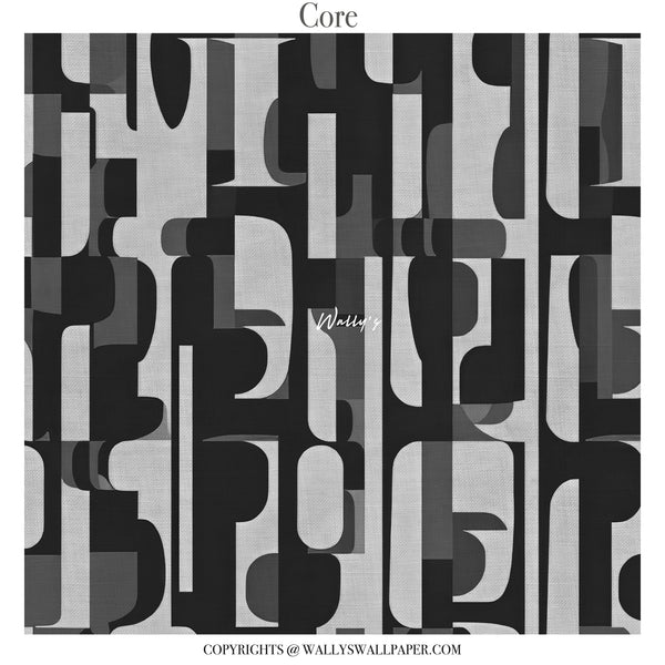 Modern green geometric abstract wallpaper by Wally’s featuring layered architectural pattern in customizable colors including grey and sepia.