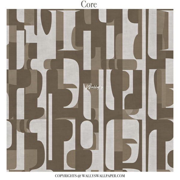 Modern green geometric abstract wallpaper by Wally’s featuring layered architectural pattern in customizable colors including grey and sepia.