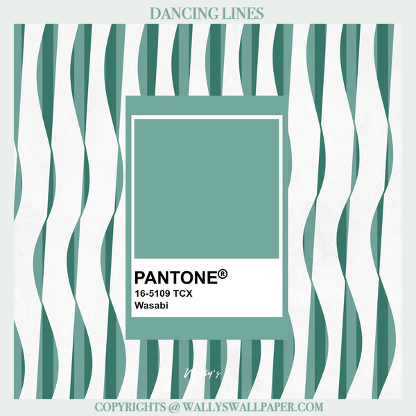 Wasabi geometric wallpaper with vertical curved lines in modern living room setting