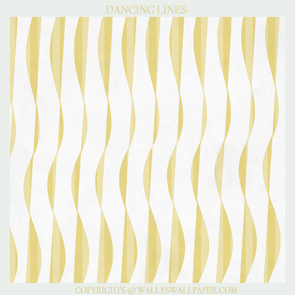 Yellow modern wave wallpaper with flowing geometric lines installed in bright minimalist interior