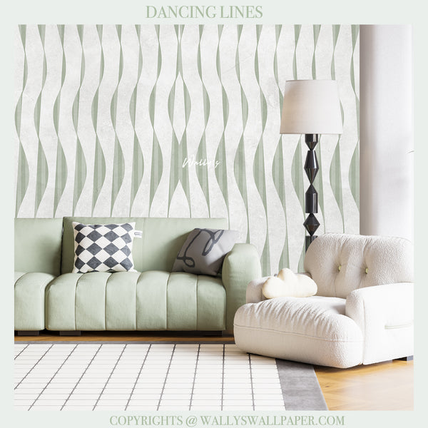 Modern sage green geometric wallpaper with soft vertical wave pattern in contemporary living room interior