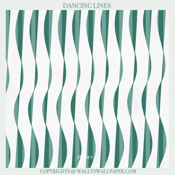 Blue geometric wallpaper with vertical curved lines in modern living room setting