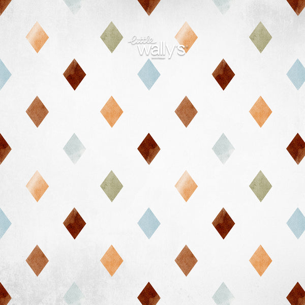 A repeating pattern of watercolor-style diamonds in brown, orange, light blue, and muted green on a textured off-white background. A faint 'Little Wally's' logo appears near the top center.