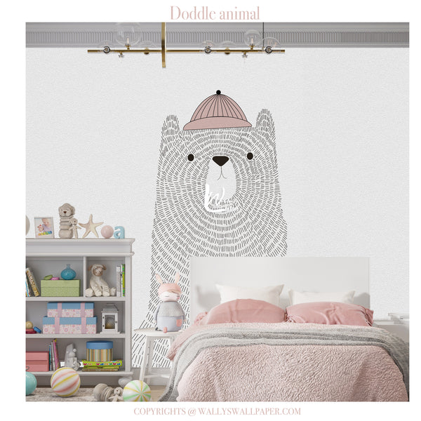Scandinavian woodland animal nursery wallpaper featuring a bear, fox and bunny in neutral beige tones for modern baby rooms and children's bedrooms.