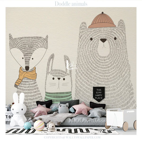 A children's bedroom scene featuring a large wall mural with three stylized animal illustrations: a fox in a yellow scarf, a rabbit in a green striped sweater, and a bear wearing a brown hat. The room includes a gray bed with pillows, plush toys, a white toy cart, and a small sign reading 'THIS IS MY HAPPY PLACE'.