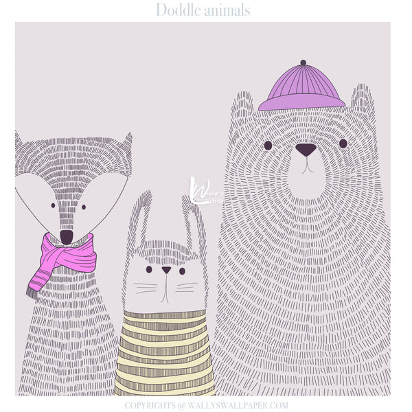 A whimsical animal illustration print featuring three stylized creatures: a fox in a pink scarf, a rabbit in a striped sweater, and a bear wearing a purple hat, all rendered in fine line art on a pale lavender background. The text 'Doddle animals' appears at the top, with copyright text at the bottom.
