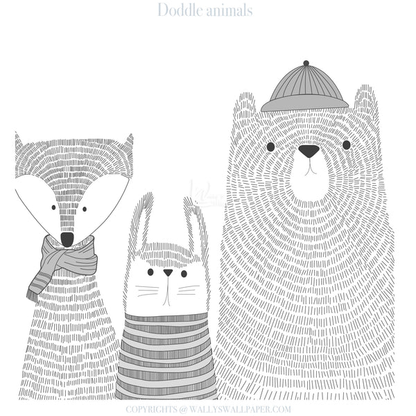 A black and white line art illustration of three cute animals: a fox, a rabbit, and a bear, each wearing a striped scarf or hat, with the text 'Doddle animals' at the top.