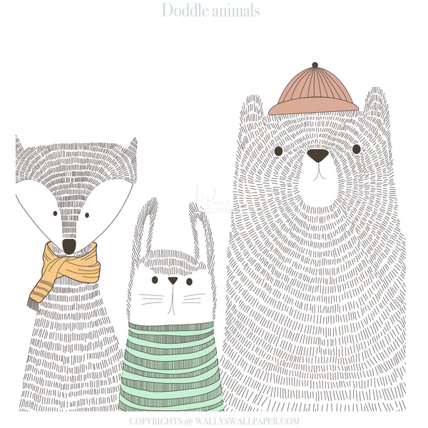 A whimsical animal illustration featuring a fox, rabbit, and polar bear drawn in a textured, sketch-like style. The fox wears a mustard yellow scarf, the rabbit wears a mint green striped scarf, and the polar bear wears a dusty pink hat.