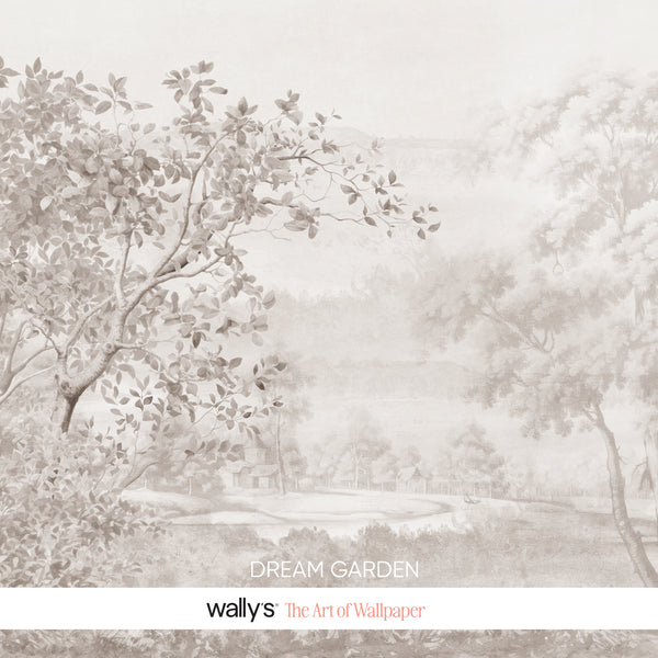 A soft, muted landscape wallpaper design titled 'Dream Garden' by wallys, featuring delicate sepia-toned trees and foliage with a white band at the bottom containing the brand name and subtitle 'The Art of Wallpaper'.