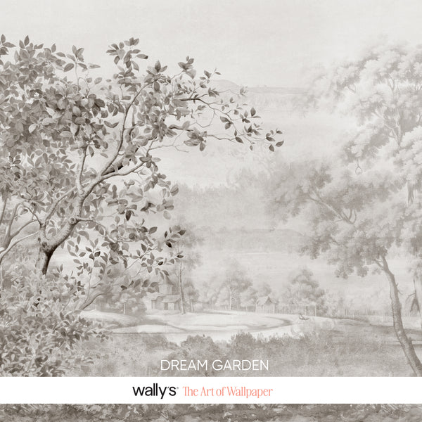 A soft, muted landscape wallpaper design with trees, branches, and a hazy garden scene in grayscale tones, with the text 'DREAM GARDEN' and 'wallys The Art of Wallpaper' at the bottom.