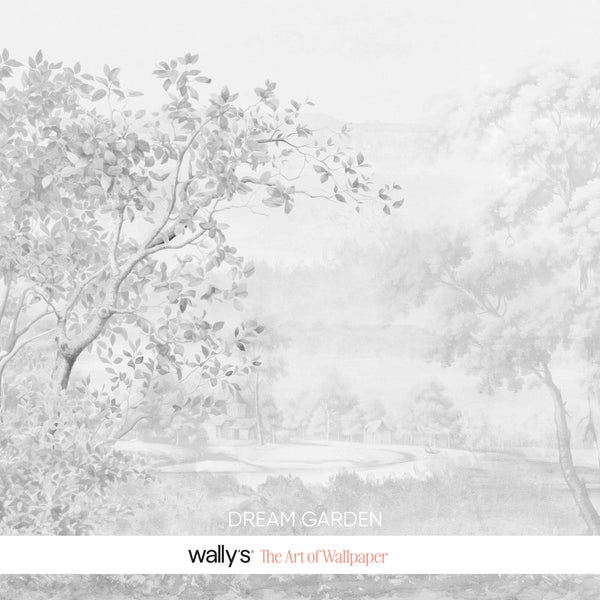 A soft, monochrome garden scene wallpaper design with faint trees, foliage, and a hazy landscape. Text at the bottom reads 'DREAM GARDEN' and 'wallys The Art of Wallpaper'.