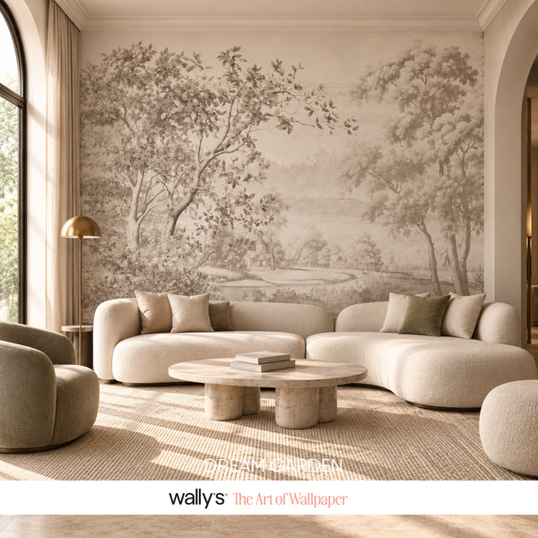 A large-scale wall mural featuring a classical landscape painting with trees and a winding river, styled in a modern living room setting with a curved cream sofa, stone coffee table, and warm ambient lighting. The brand logo 'wally's The Art of Wallpaper' is visible at the bottom.