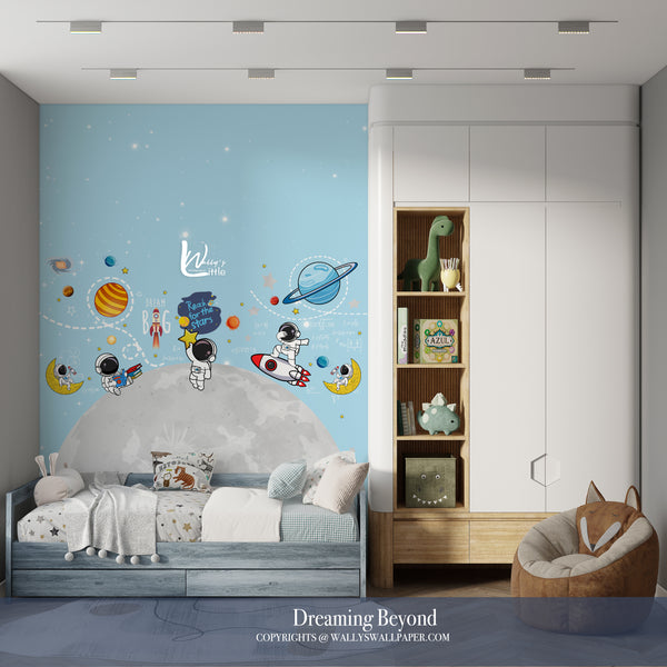 kids wallpaper Egypt, astronaut wallpaper, space wallpaper for children, nursery wall decor Egypt, Wally’s Wallpaper Middle East, educational kids wallpaper, boys room wallpaper, dreamy space design, wallpaper Egypt online