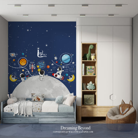 kids wallpaper Egypt, astronaut wallpaper, space wallpaper for children, nursery wall decor Egypt, Wally’s Wallpaper Middle East, educational kids wallpaper, boys room wallpaper, dreamy space design, wallpaper Egypt online