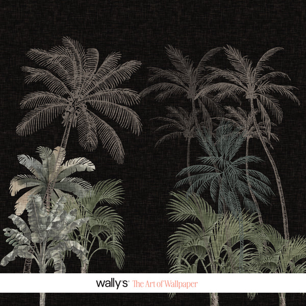 Dune Palms black tropical palm wallpaper with muted green foliage