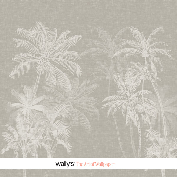 Beige tropical palm wallpaper with soft linen texture