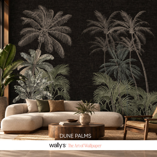 Dune Palms black tropical palm wallpaper with muted green foliage