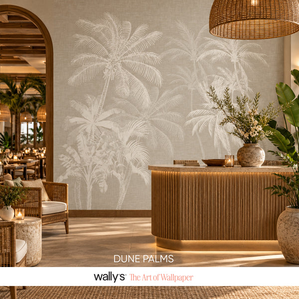 Restaurant lobby with Dune Palms neutral tropical wallpaper by Wally’s