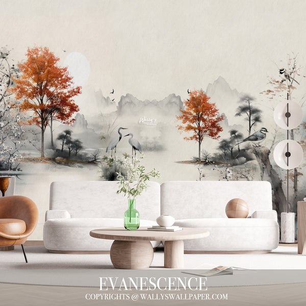 "A stunning wallpaper design named 'Evanescence' depicting a serene landscape of pine trees by a lake, with two birds and delicate blossoms. Available in light shades, grey, pale colors, and sepia options. Elevate your space with the best wallpaper quality in Egypt and the Middle East. Shop now!"