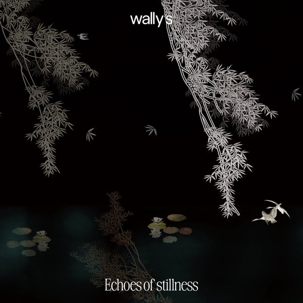 Album cover art for 'Echoes of stillness' by wally's, featuring delicate white line art of bamboo, lily pads, and birds on a solid black background.