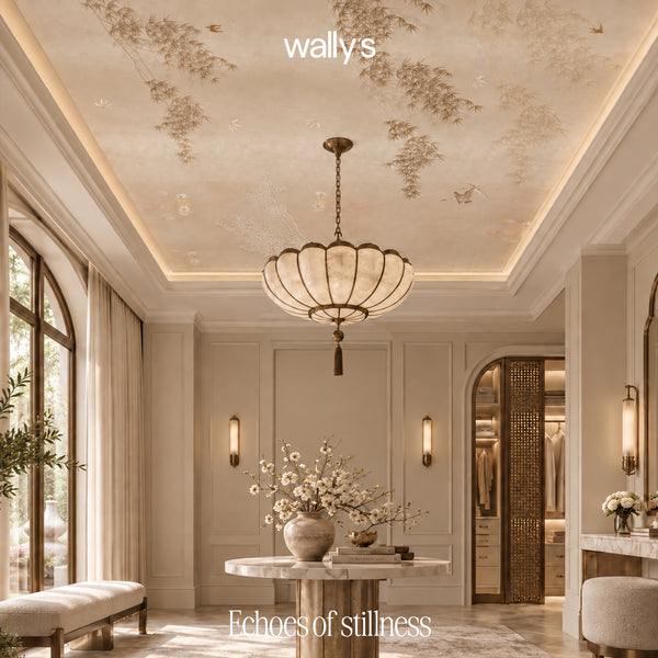 A luxury interior design scene featuring a large, elegant chandelier hanging from a decorative ceiling with delicate floral motifs. The room has warm beige walls, a marble console table with a floral arrangement, and soft lighting, with the text 'wally's' and 'Echoes of stillness' overlaid.
