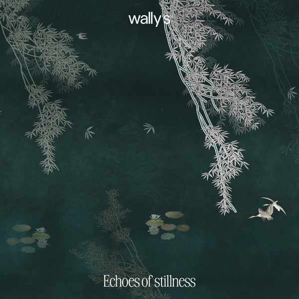 Album cover art for 'Echoes of stillness' by wally's, featuring a dark teal-green background with delicate white line illustrations of bamboo, lily pads, and cranes.