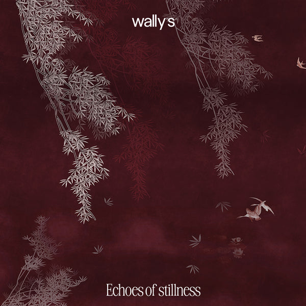 Album cover art for 'Echoes of stillness' by wally's, featuring delicate white bamboo branches and small birds on a deep burgundy background.