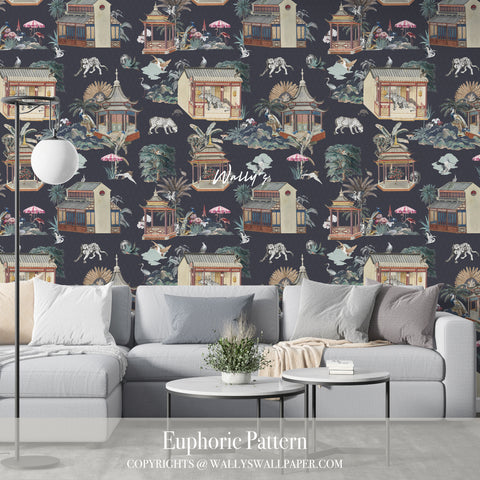 Luxury wallpaper design called Euphoric Pattern featuring Chinese houses, leopards, flamingos, and cranes with a geometric background in beige, light blue, purple, and dark blue tones.