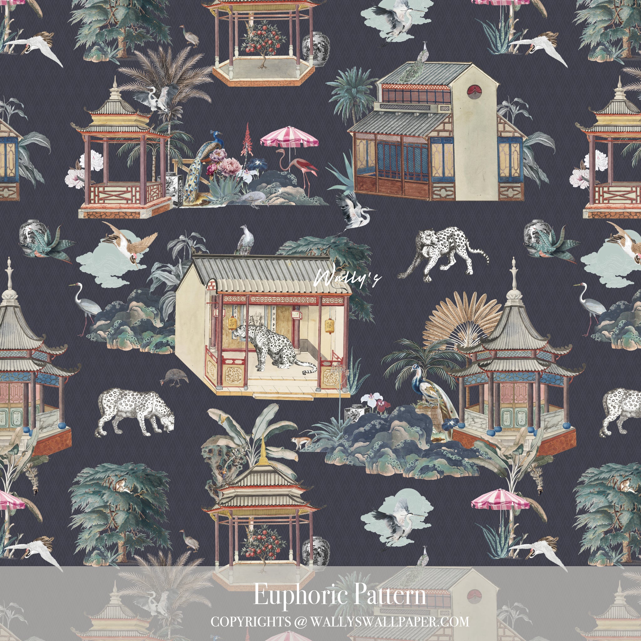 Luxury wallpaper design called Euphoric Pattern featuring Chinese houses, leopards, flamingos, and cranes with a geometric background in beige, light blue, purple, and dark blue tones.