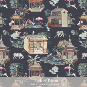 Luxury wallpaper design called Euphoric Pattern featuring Chinese houses, leopards, flamingos, and cranes with a geometric background in beige, light blue, purple, and dark blue tones.