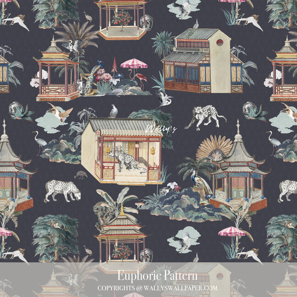 Luxury wallpaper design called Euphoric Pattern featuring Chinese houses, leopards, flamingos, and cranes with a geometric background in beige, light blue, purple, and dark blue tones.