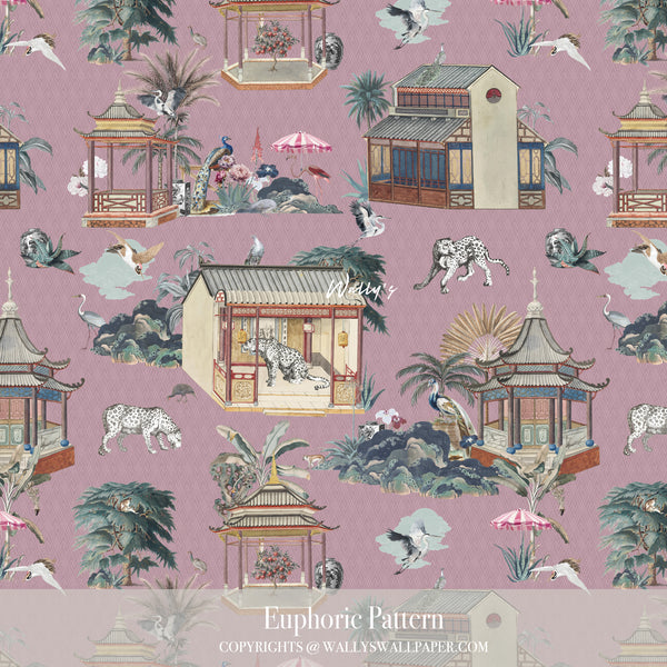 Luxury wallpaper design called Euphoric Pattern featuring Chinese houses, leopards, flamingos, and cranes with a geometric background in beige, light blue, purple, and dark blue tones.