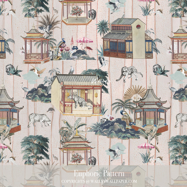Luxury wallpaper design called Euphoric Pattern featuring Chinese houses, leopards, flamingos, and cranes with a geometric background in beige, light blue, purple, and dark blue tones.