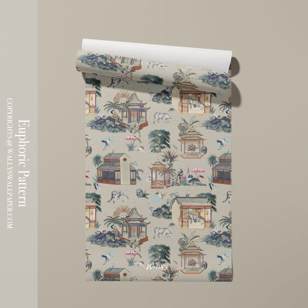 Luxury wallpaper design called Euphoric Pattern featuring Chinese houses, leopards, flamingos, and cranes with a geometric background in beige, light blue, purple, and dark blue tones.